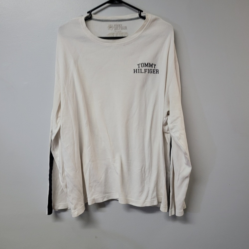 Tommy Hilfiger Mens Waffle Knit Thermal Long Sleeve Shirt White XL Side Stripe